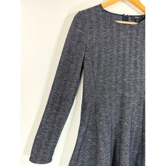 Theory Albita Wool Blend A-Line Long Sleeve Dress Blue Gray Herringbone Size 8 - Picture 7 of 9